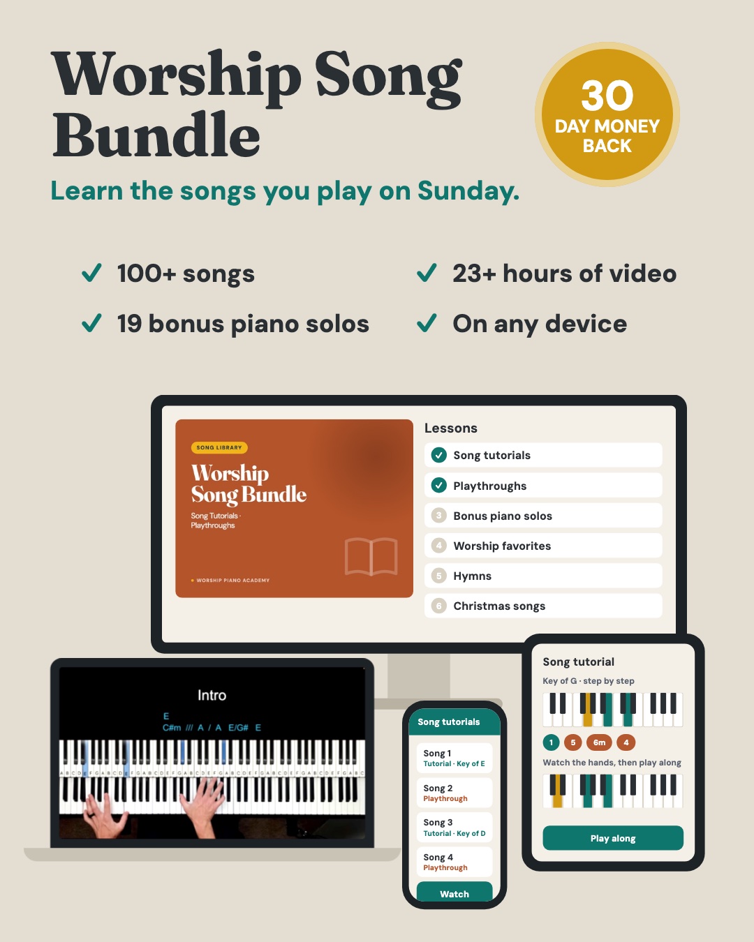 Worship Song Bundle: 100+ songs, 23+ hours of video, 19 bonus piano solos, on any device, 30 day money back