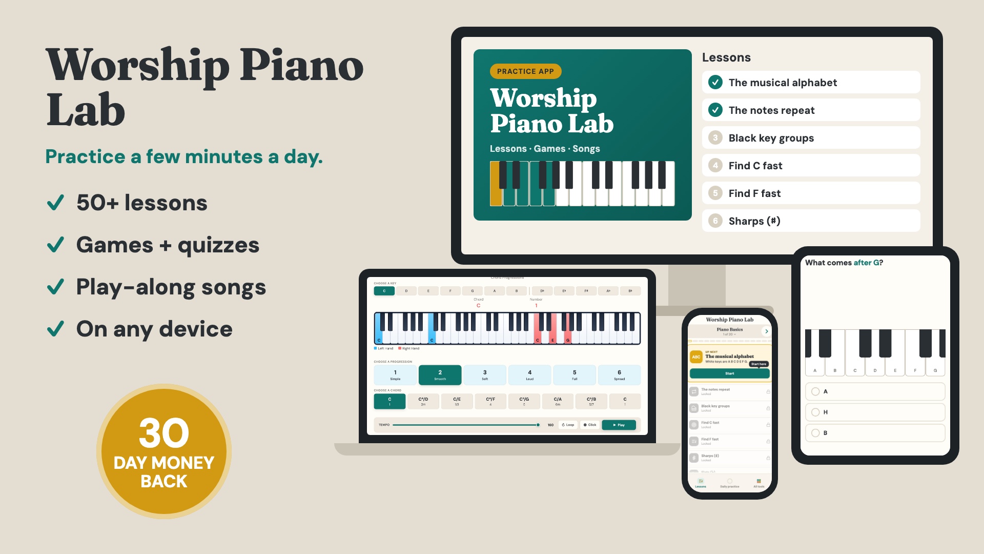 Worship Piano Lab on a computer, laptop, tablet and phone