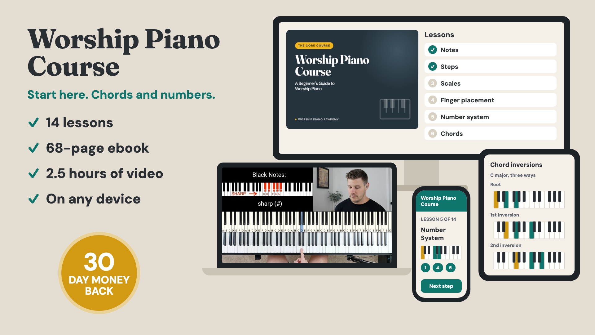 Worship Piano Course: 14 lessons, 68-page ebook, 2.5 hours of video, on any device, 30 day money back