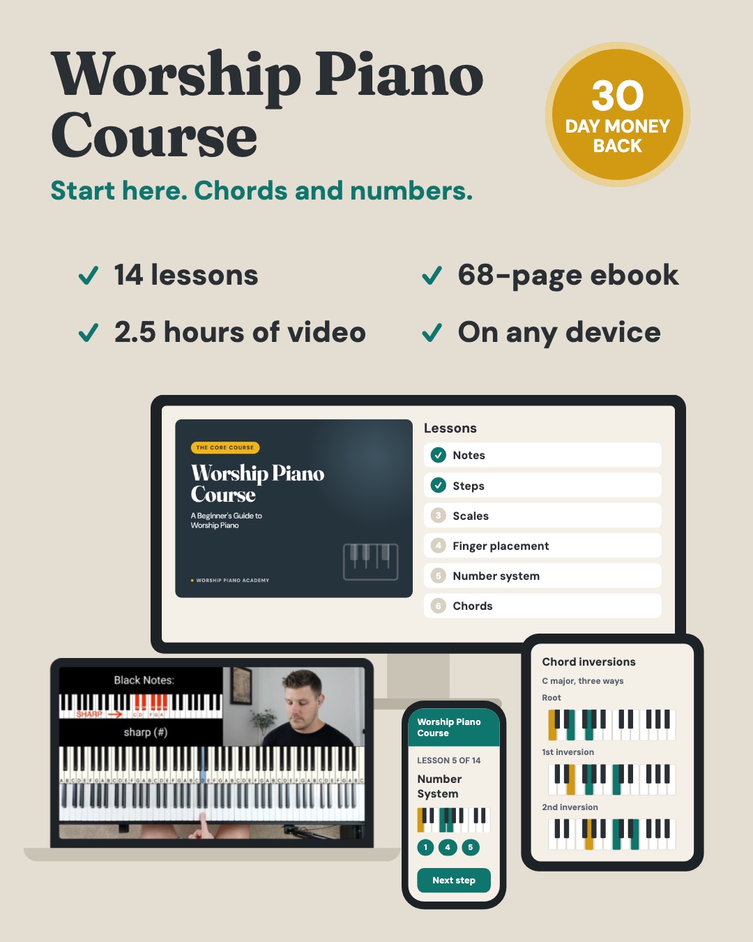 Worship Piano Course: 14 lessons, 68-page ebook, 2.5 hours of video, on any device, 30 day money back